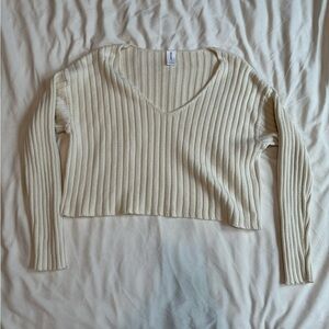 Abound Cream V-Neck Sweater with Long Sleeves and Striped Pattern